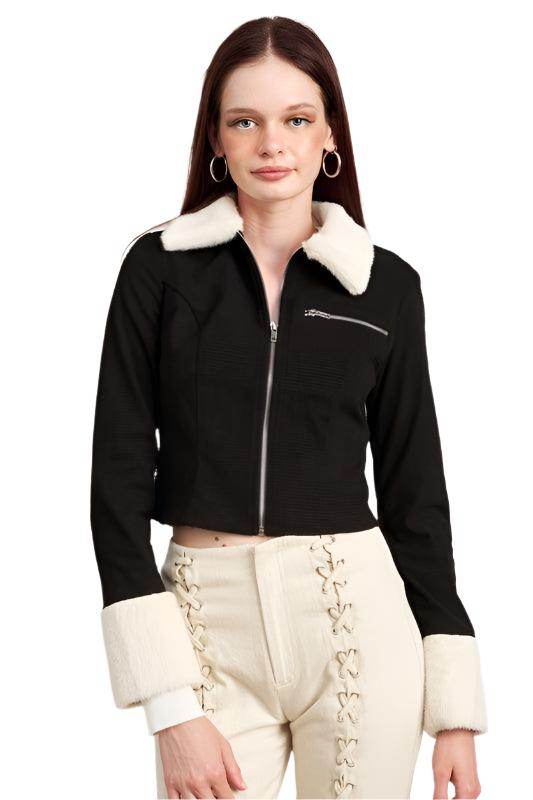 Emory Park black and white cuff jacket with a zippered front and stylish collar for women