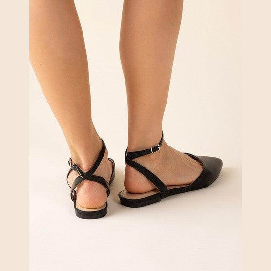Fortune Dynamic black ankle strap flats featuring a sleek design and comfortable fit