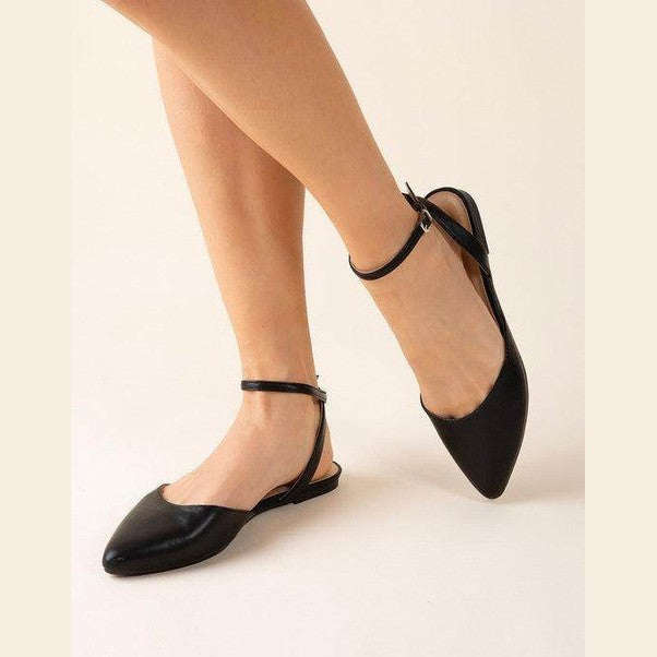 Fortune Dynamic black ankle strap flats designed for stylish comfort and flexibility.