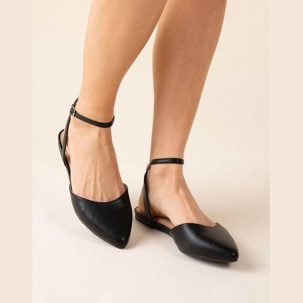 Fortune Dynamic black ankle strap flats with a sleek pointed toe and adjustable straps