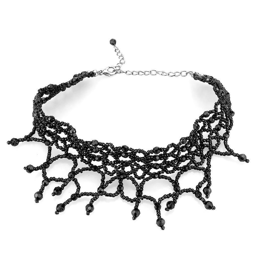 Elegant black beaded choker necklace with intricate lace design and dangling beads