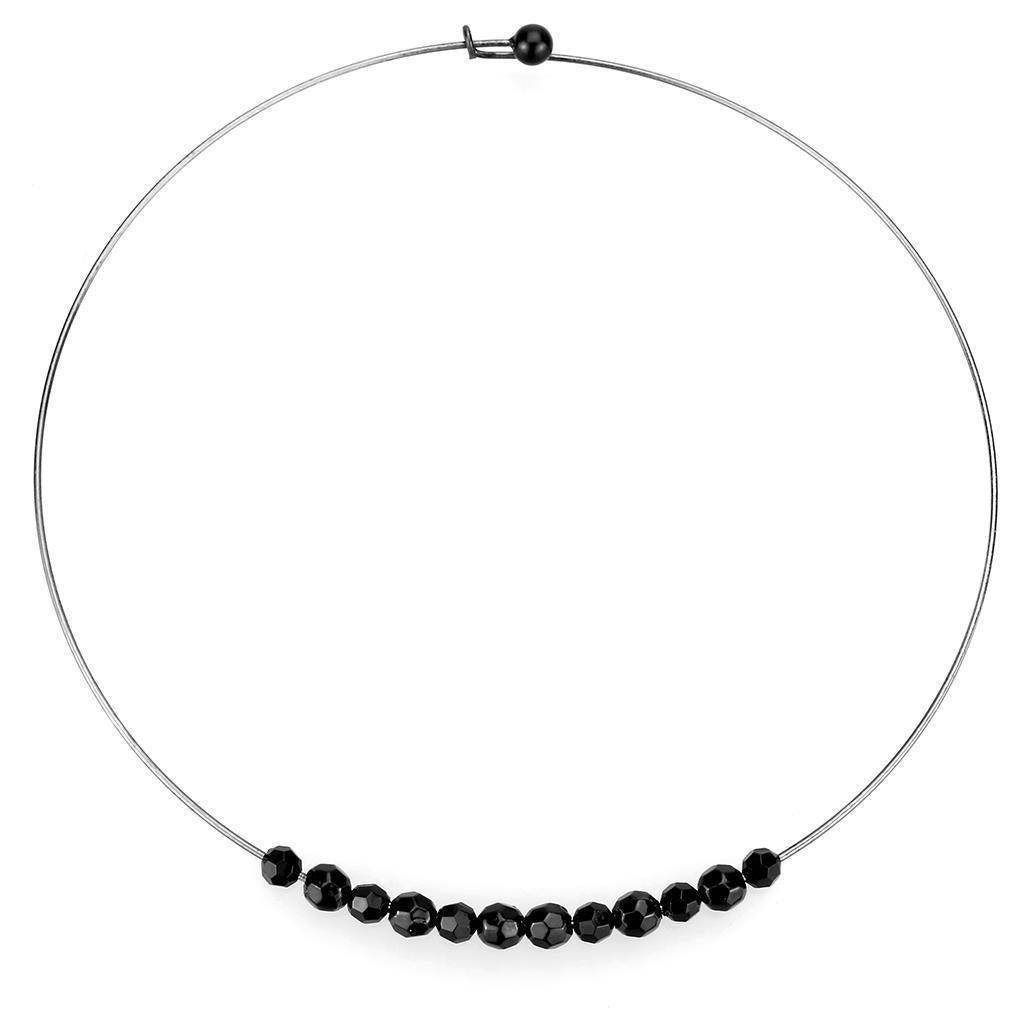 Black beaded minimalist necklace on a silver wire, featuring sleek black beads aligned gracefully