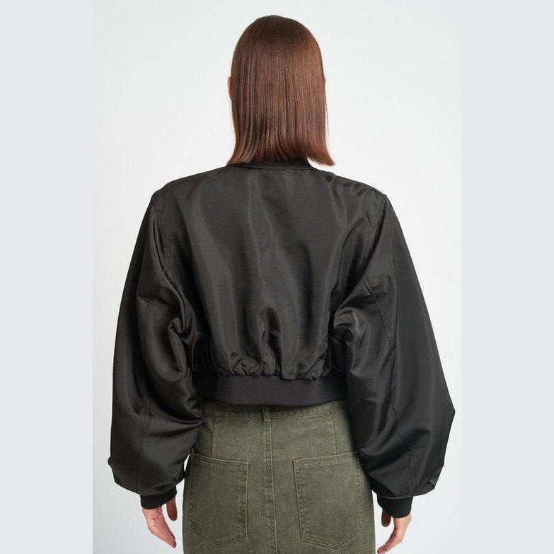 Back view of the Emory Park black brown bomber jacket with a stylish cropped design