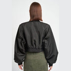 Back view of the Emory Park black brown bomber jacket with a stylish cropped design