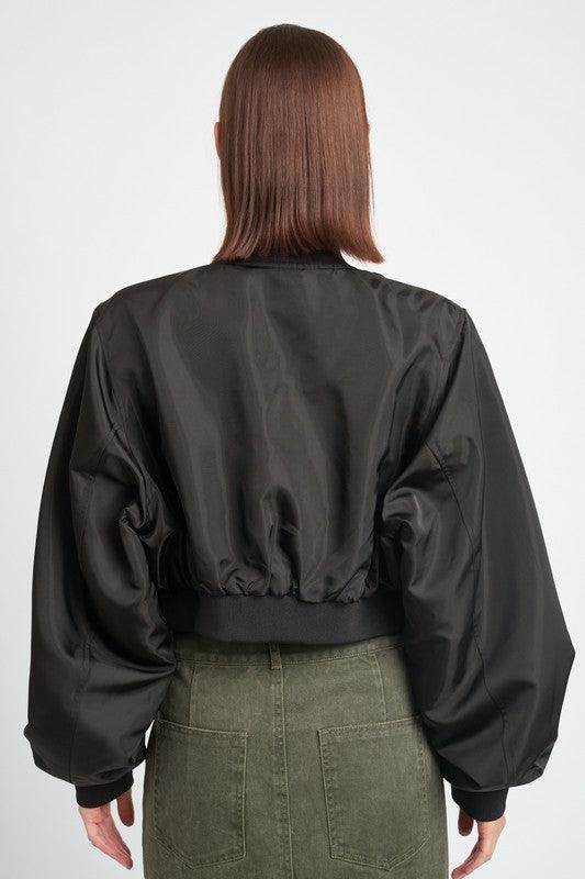 Back view of the Emory Park black brown bomber jacket with a stylish cropped design