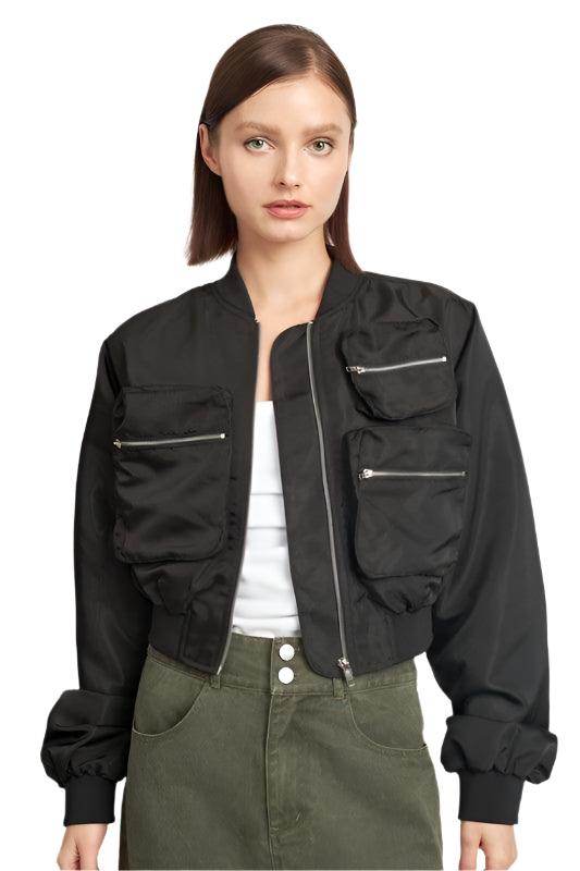 Emory Park black brown bomber jacket featuring multiple front pockets and a stylish cropped design