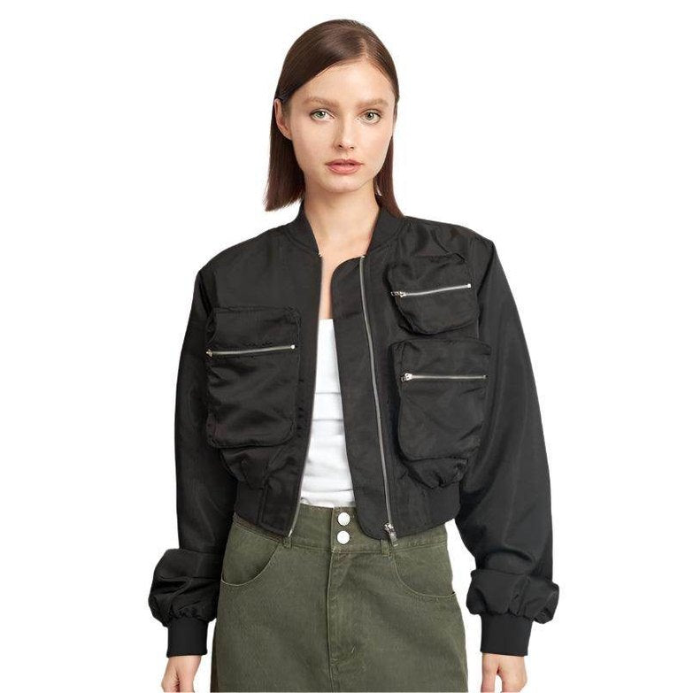 Emory Park black brown bomber jacket featuring multiple front pockets and a stylish cropped design