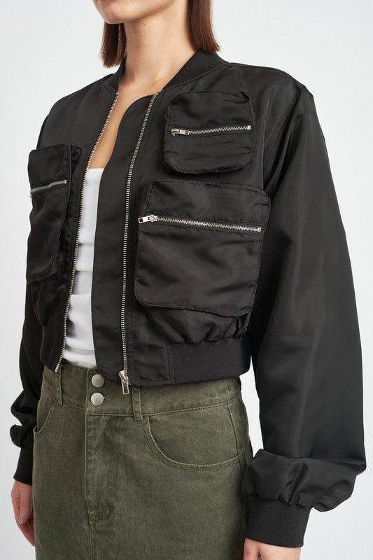 Emory Park black brown bomber jacket with multiple front pockets and a sleek design