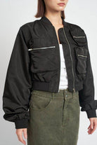 Emory Park black brown bomber jacket with multiple zippered pockets and a cropped fit