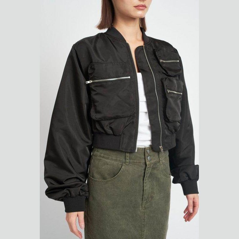 Emory Park black brown bomber jacket with multiple zippered pockets and a cropped fit