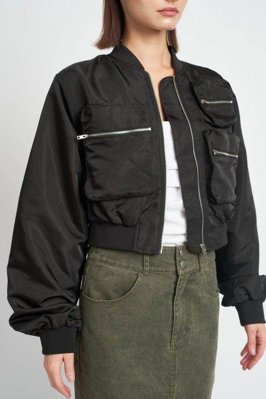 Emory Park black brown bomber jacket with multiple zippered pockets and a cropped fit
