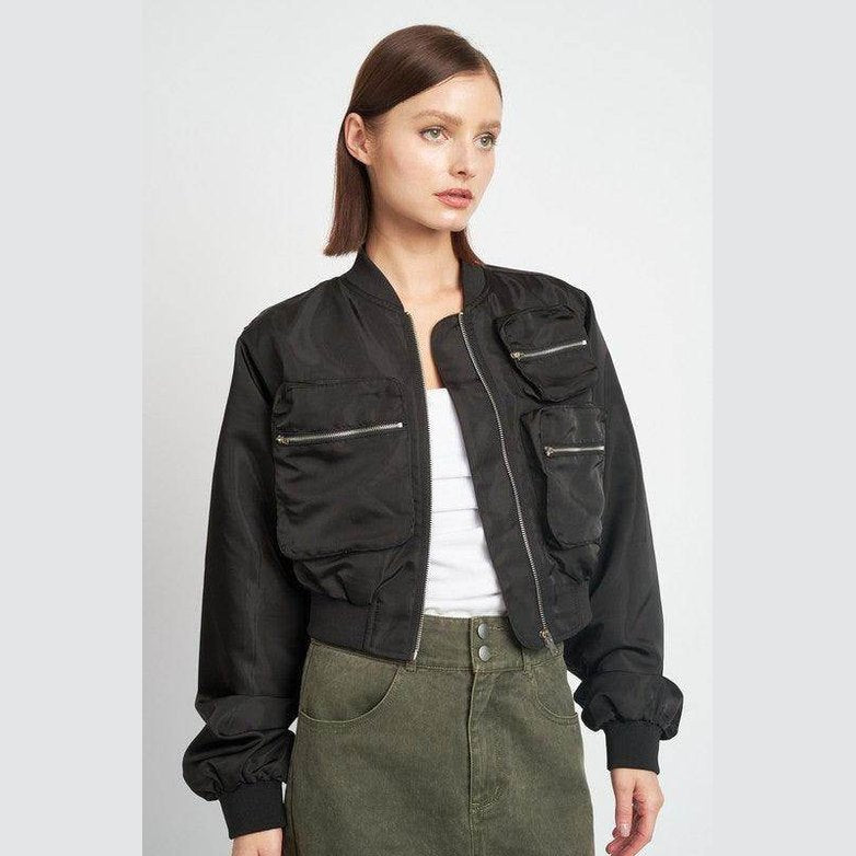 Emory Park black brown bomber jacket with multiple zippered pockets for a stylish look