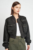 Emory Park black brown bomber jacket with multiple zippered pockets for a stylish look
