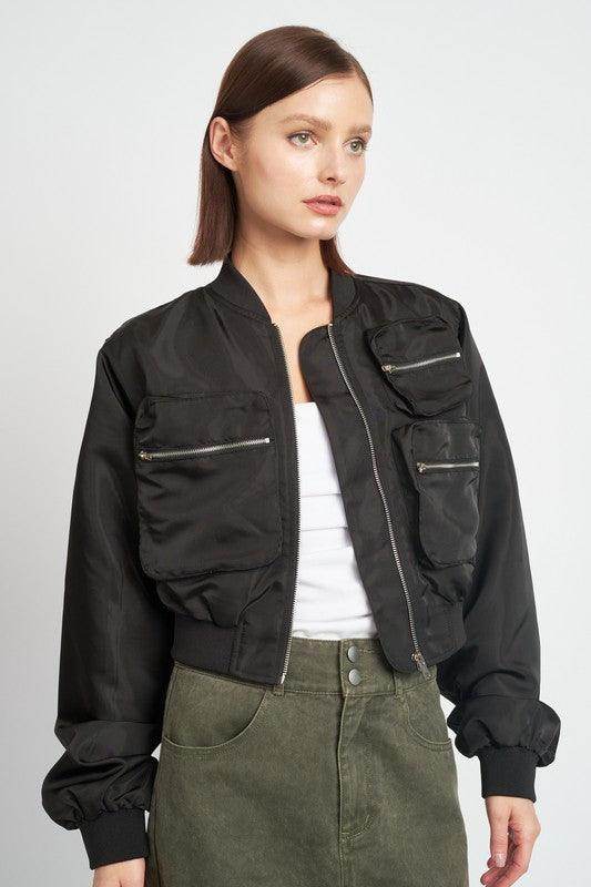 Emory Park black brown bomber jacket with multiple zippered pockets for a stylish look