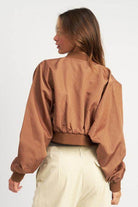 Emory Park women's black brown bomber jacket with a cropped design and balloon sleeves
