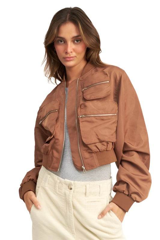 Emory Park women's black brown bomber jacket with front pockets and a stylish cropped design
