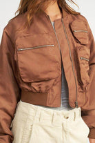 Emory Park Women's Black Brown Bomber Jacket with multiple pockets in a stylish cropped design