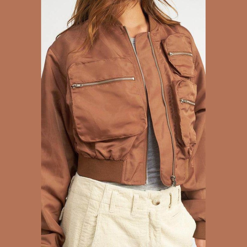Emory Park Women's Black Brown Bomber Jacket with multiple pockets in a stylish cropped design