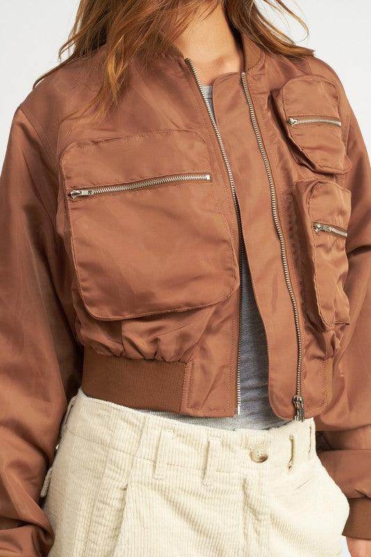 Emory Park Women's Black Brown Bomber Jacket with multiple pockets in a stylish cropped design