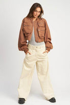 Emory Park black brown bomber jacket for women with oversized fit and utility pockets