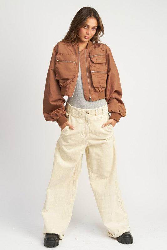 Emory Park black brown bomber jacket for women with oversized fit and utility pockets