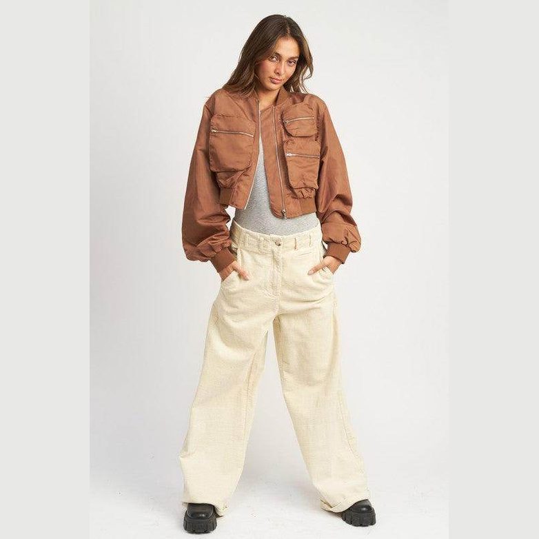 Emory Park black brown bomber jacket for women with oversized fit and utility pockets