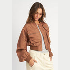 Emory Park Women's Cropped Brown Bomber Jacket with Stylish Pockets and Soft Fabric