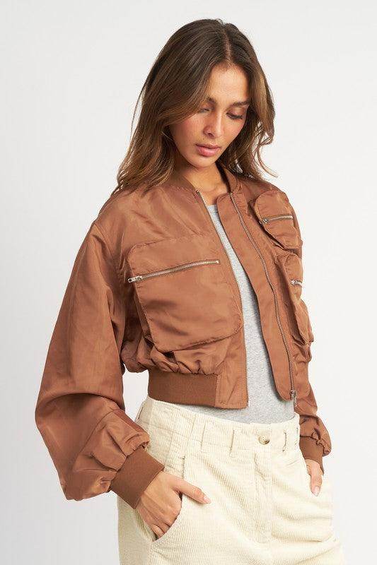 Emory Park Women's Cropped Brown Bomber Jacket with Stylish Pockets and Soft Fabric