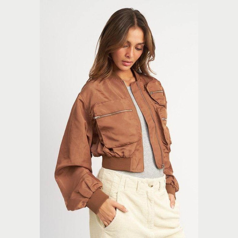 Emory Park Women's Cropped Brown Bomber Jacket with Stylish Pockets and Soft Fabric