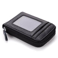 Black brown leather wallet with a zip closure and clear ID window for easy access