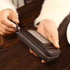 Black brown leather wallet with zipper and clear ID window for easy access