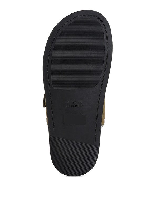 Sole view of Rag Company black buckle sandals with textured grip for comfort and support