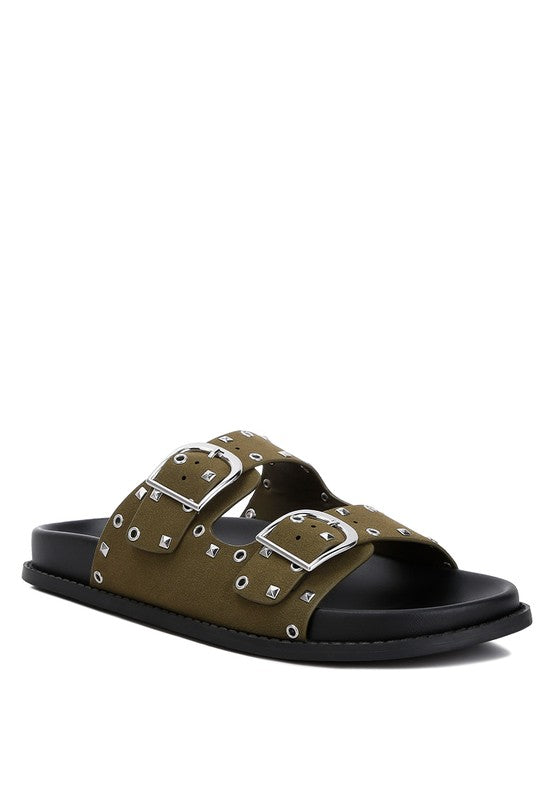 Comfortable olive green sandals featuring black buckle sandals with stylish studs and two adjustable straps