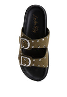 Comfortable olive green slide sandals featuring silver studs and black buckle sandals for summer wear