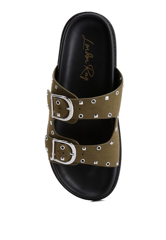 Comfortable olive green slide sandals featuring silver studs and black buckle sandals for summer wear