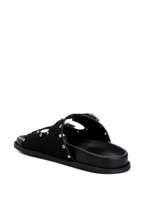 Stylish black buckle sandals with unique design and comfortable sole for casual wear