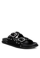 Rag Company black buckle sandals with double buckle straps and studded design for stylish comfort