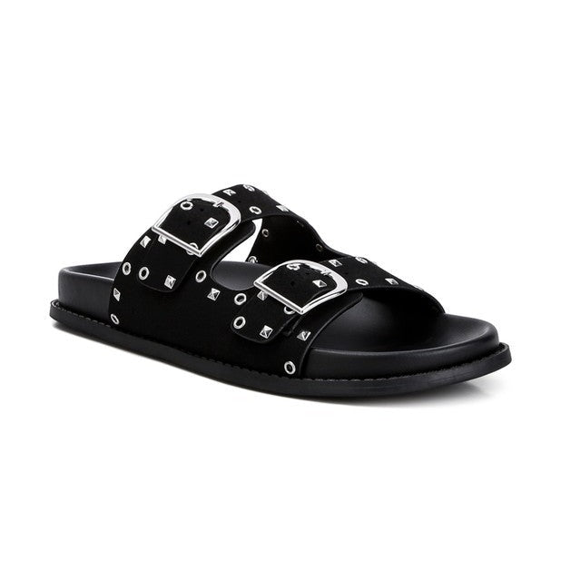 Rag Company black buckle sandals with double buckle straps and studded design for stylish comfort