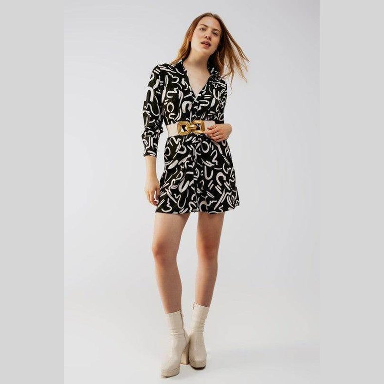 Trendy black button front shirt dress by Q2 featuring a stylish print and belted waist