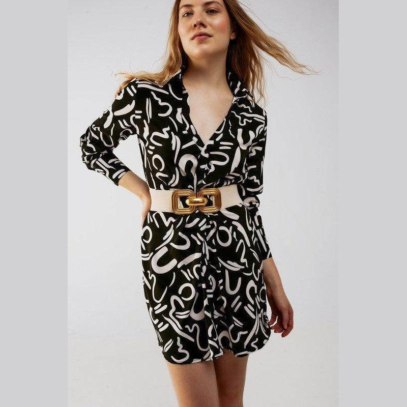 Stylish black button front shirt dress with abstract patterns and a statement belt for trendy women