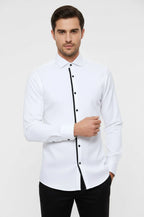 Black Buttoned Long Sleeves White Men Tuxedo Shirt – front view