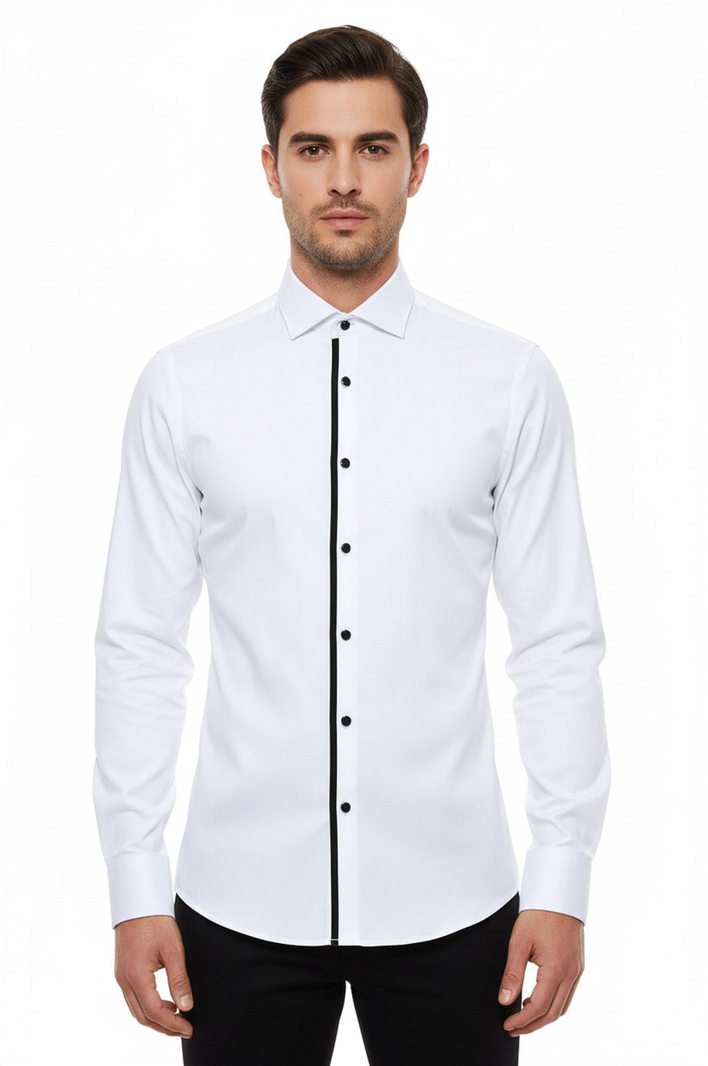 Black Buttoned Long Sleeves White Men Tuxedo Shirt – side view