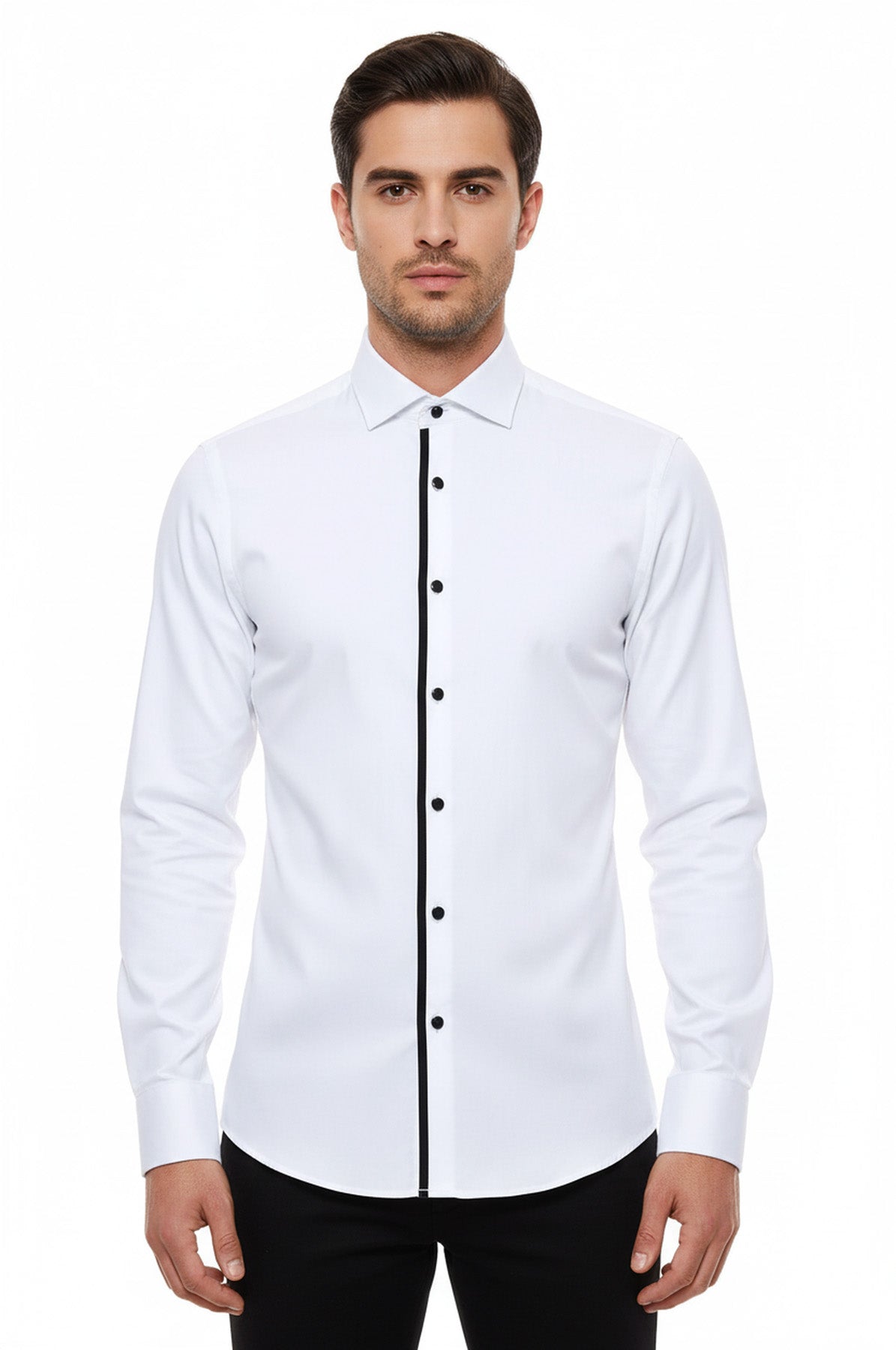Black Buttoned Long Sleeves White Men Tuxedo Shirt – side view