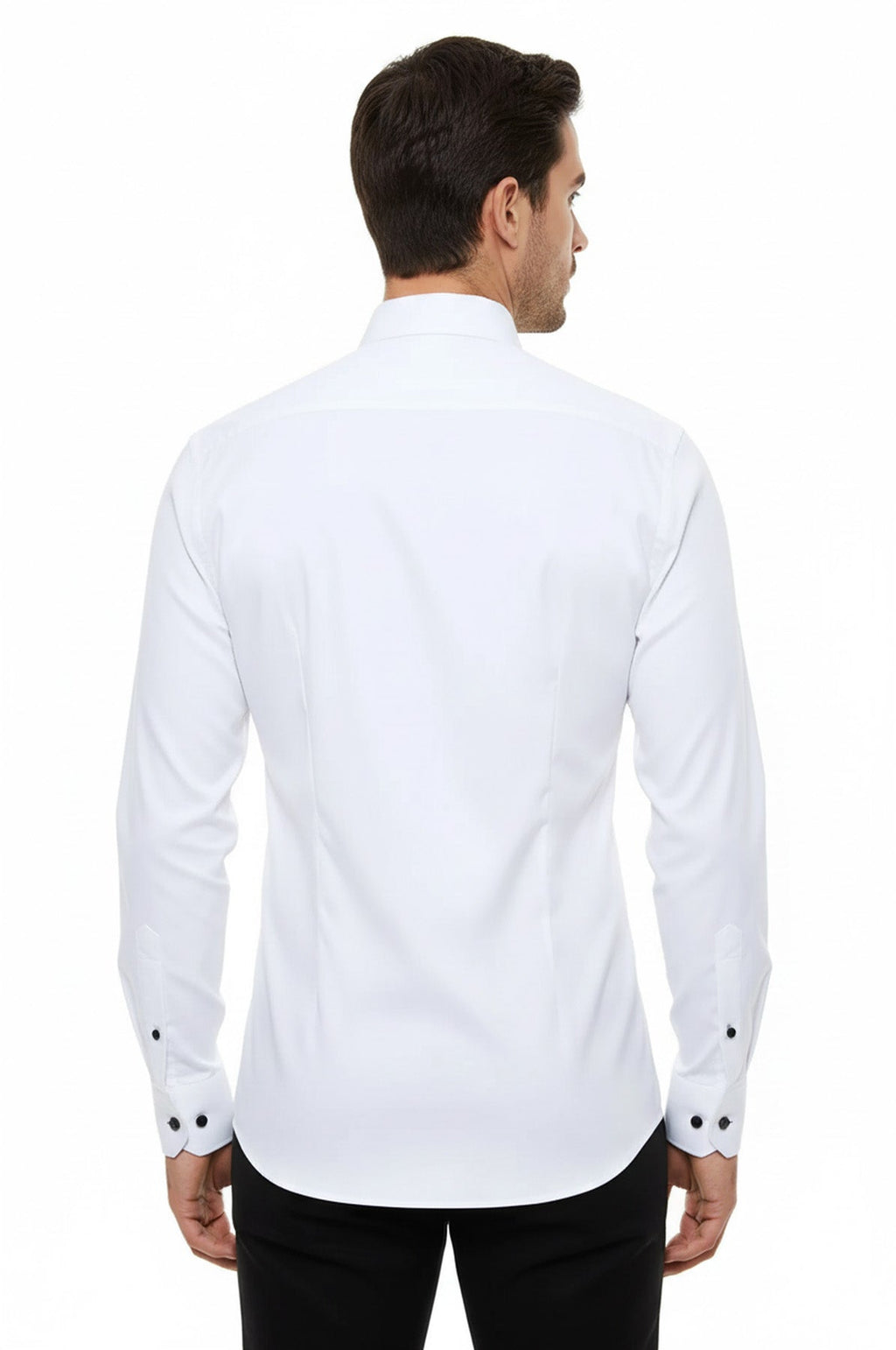 Black Buttoned Long Sleeves White Men Tuxedo Shirt – close up view
