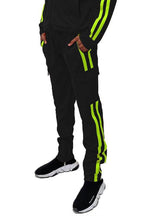 Men's 2PC Track Set with Black Cargo Jacket and Pants featuring Neon Stripes for a Stylish Look