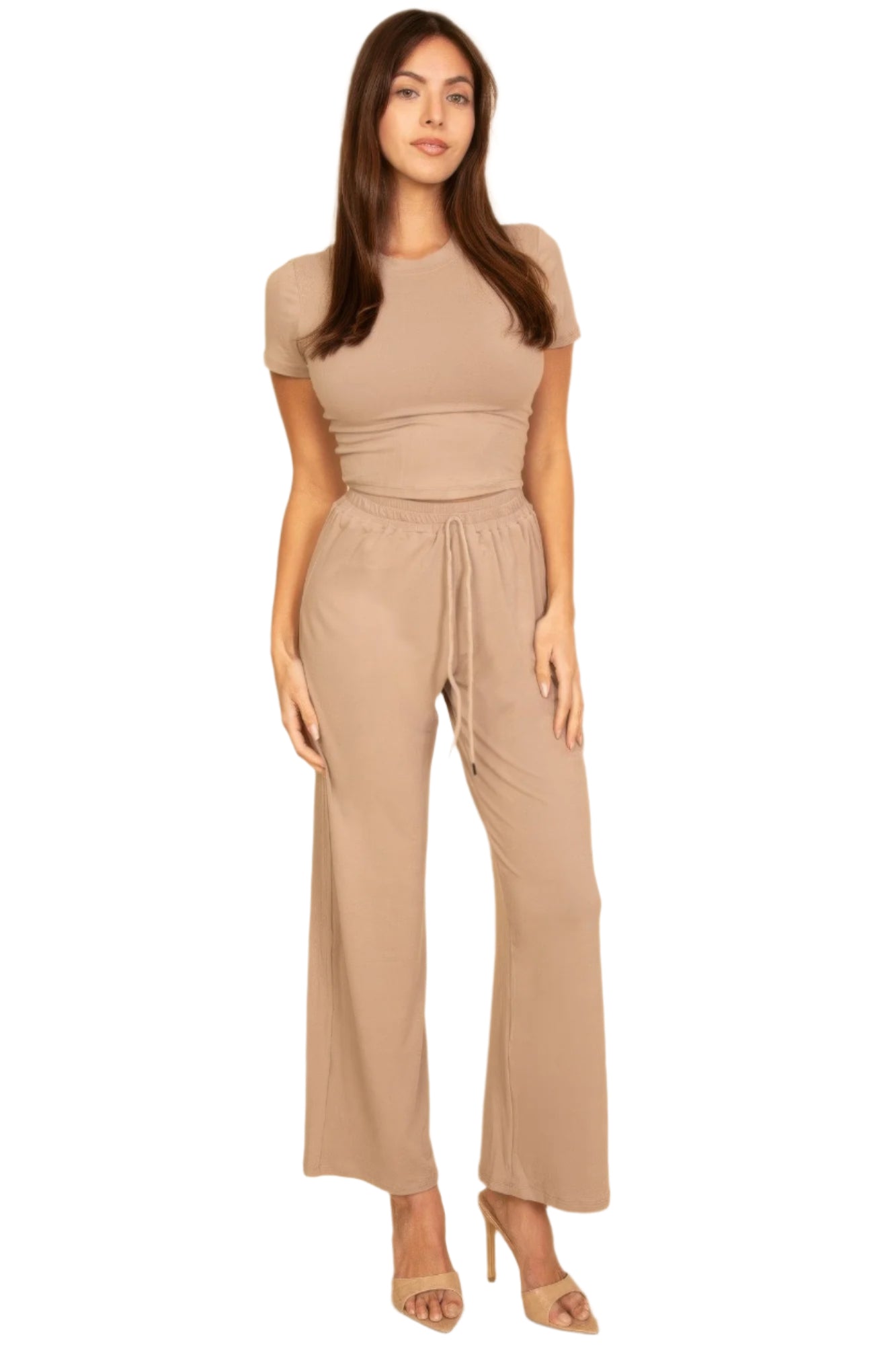 Women's beige outfit set with short sleeve top and wide leg pants perfect for a black casual travel outfit