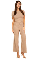 Women's beige outfit set with short sleeve top and wide leg pants perfect for a black casual travel outfit