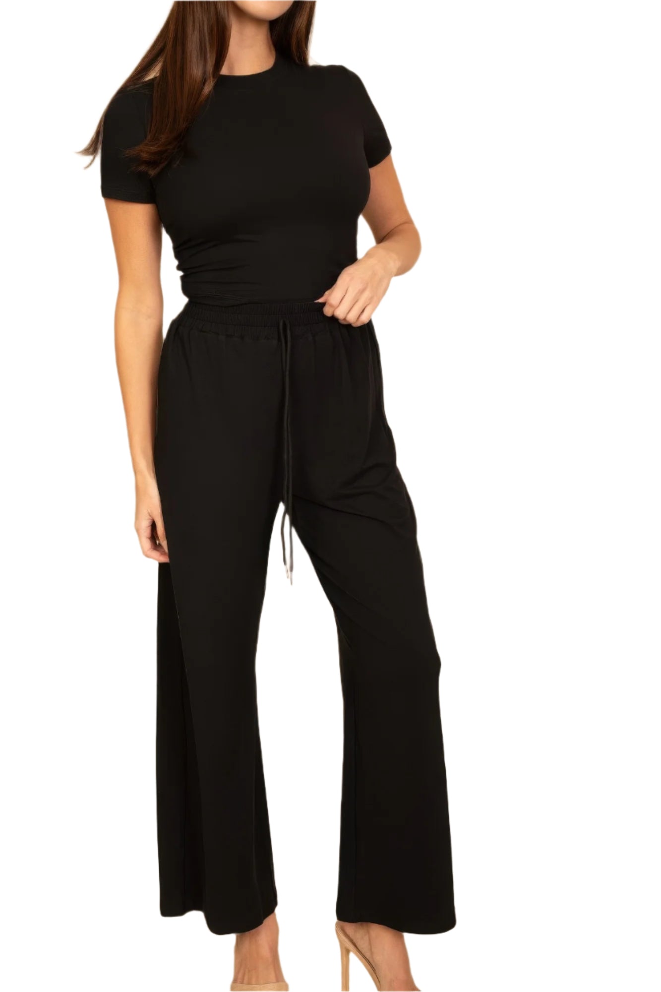 VacationGrabs black casual travel outfit with short sleeve top and wide leg pants for women