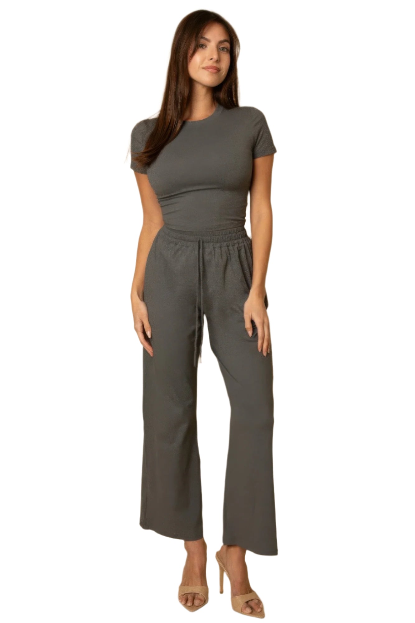 VacationGrabs women's black casual travel outfit featuring a fitted short sleeve top and wide leg pants