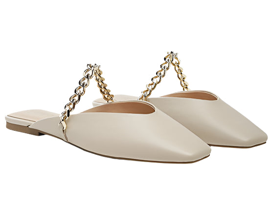 Rag Company beige slip-on mules with gold chain detail black chain detail mules for stylish wear